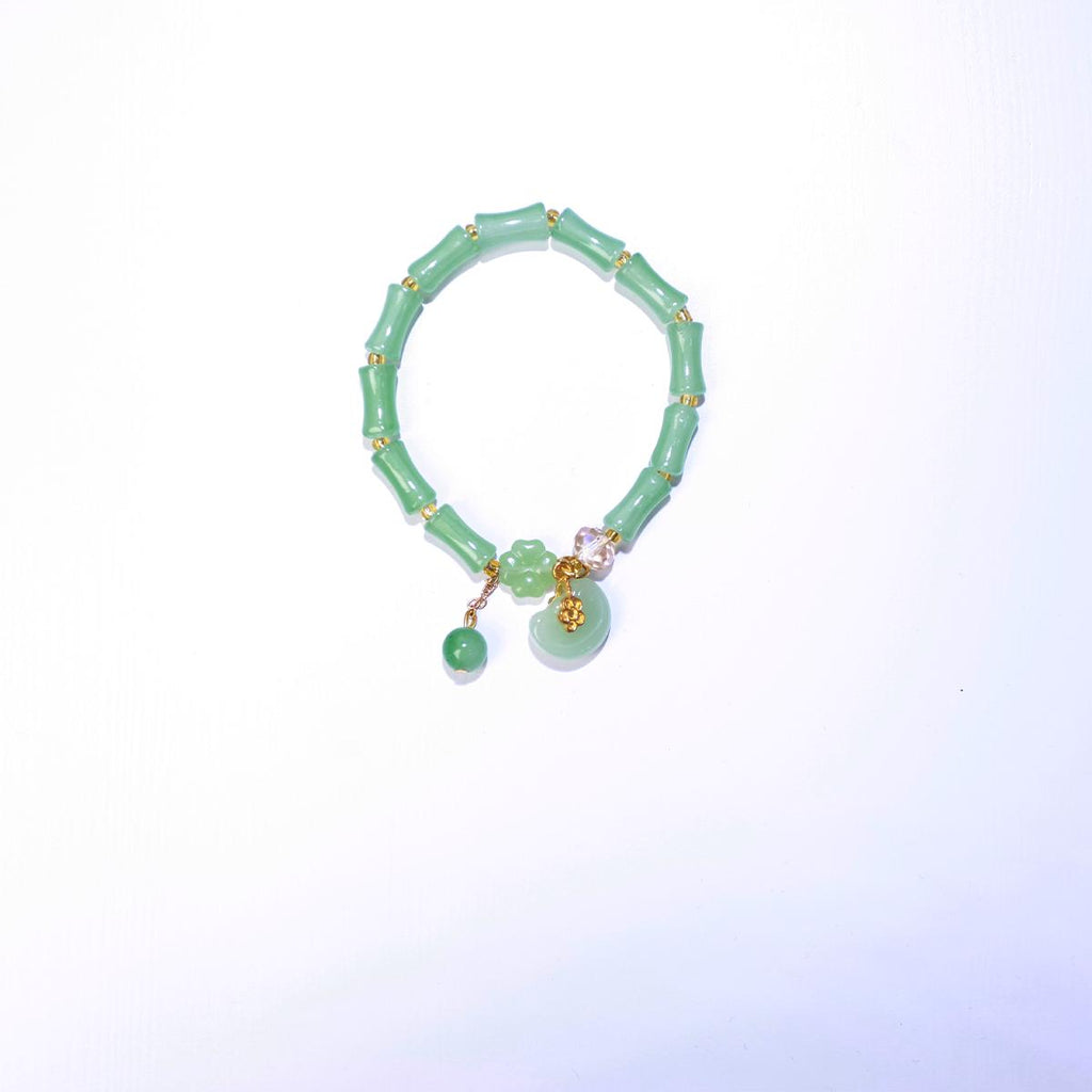 Gelang Manik, Jed Hijau dan Bahan Buluh, dengan Pesona Teratai Bersalut Emas, Boleh Laras, Hadiah Barang Kemas untuk Wanita, Gelang