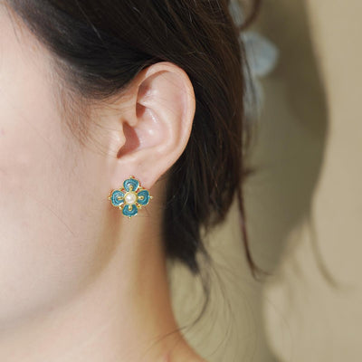 【Stud Earrings】Alloy Blue Enamel Pearl Flower Earrings, Retro Elegant Style, For Fashion Ladies