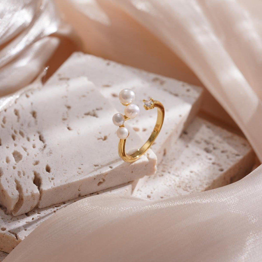 Adjustable Pearl & Crystal Ring, Antique Gold Copper Jewelry, Minimalist Boho Chic Statement Piece for Women