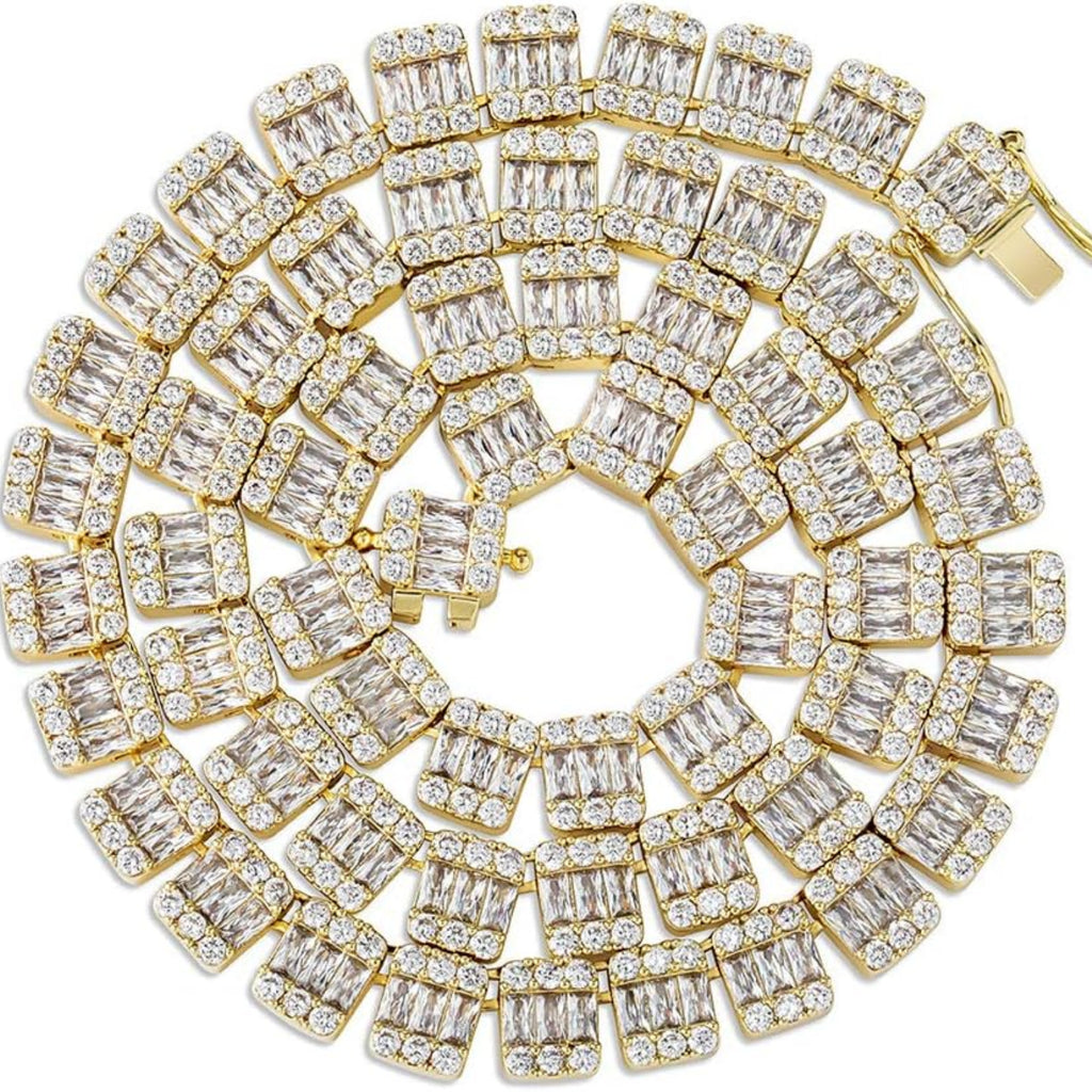 YOSZO 10MM 6 Times Gold Platinum Plated Full Bling Iced Out Baguette Round Clustered Tennis Chain CZ Lab Simulated Diamond chocker Necklace for Men