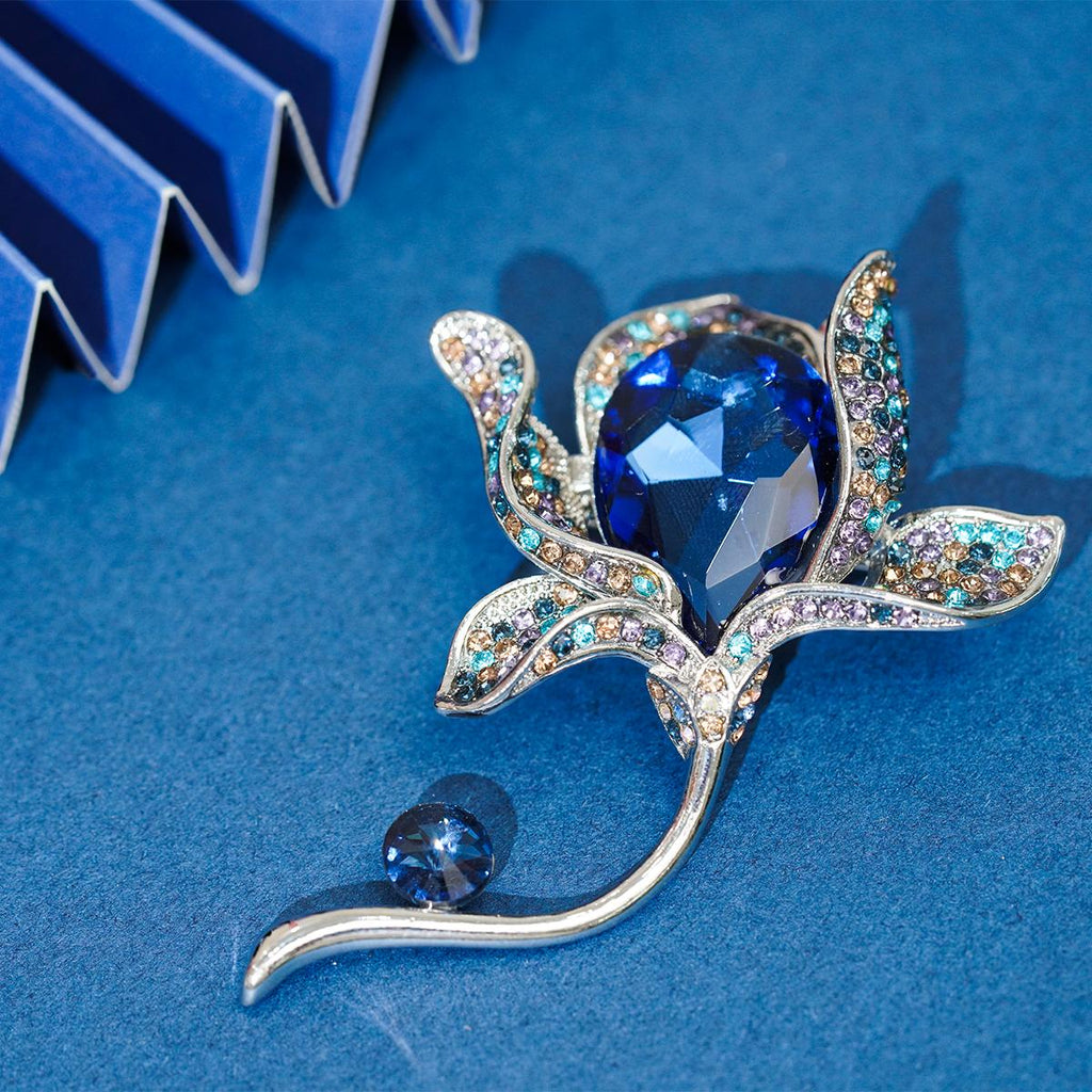 Elegant Flower Brooch with Deep Blue & Crystals - For Formal Attire & Women's Fashion Accessory