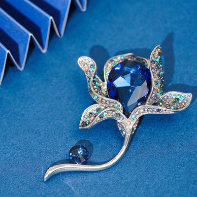 Elegant Flower Brooch with Deep Blue & Crystals - For Formal Attire & Women's Fashion Accessory