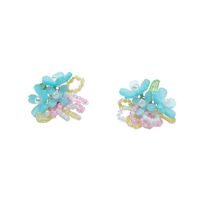 【Earrings】Resin Floral Earrings Pearl Center & Bead Fringe Lightweight Design for Girls'