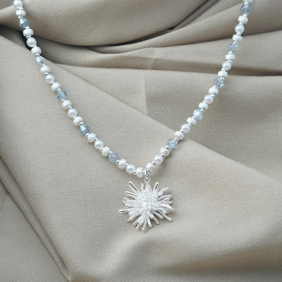 【Pendant Necklace】Silver Alloy&Light Blue Crystal Beaded Necklace with Coral Charm, Daily Wear & Gift for Her