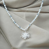 【Pendant Necklace】Silver Alloy&Light Blue Crystal Beaded Necklace with Coral Charm, Daily Wear & Gift for Her