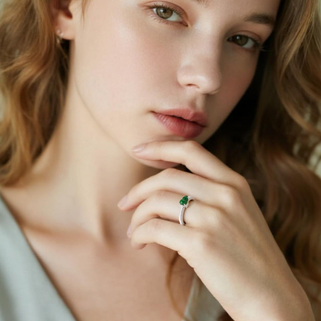 【Ring】S925 Silver Green Jadeite Gourd Ring Lucky Charm Jewelry Elegant Daily Accessory for Women