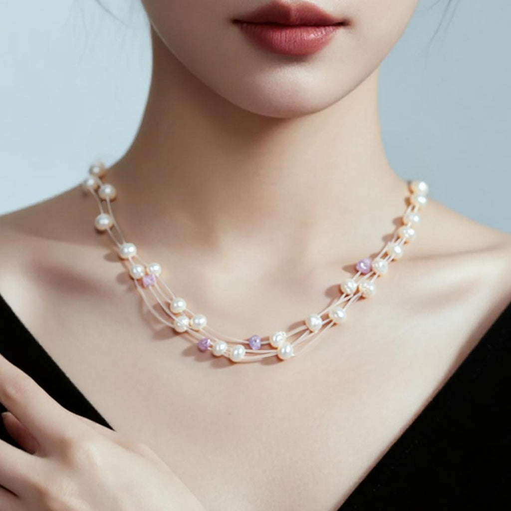 【Necklace】Copper Chain Natural Freshwater Pearl Beaded Necklace Heart Pendant Accent Casual Jewelry for Women Daily Wear