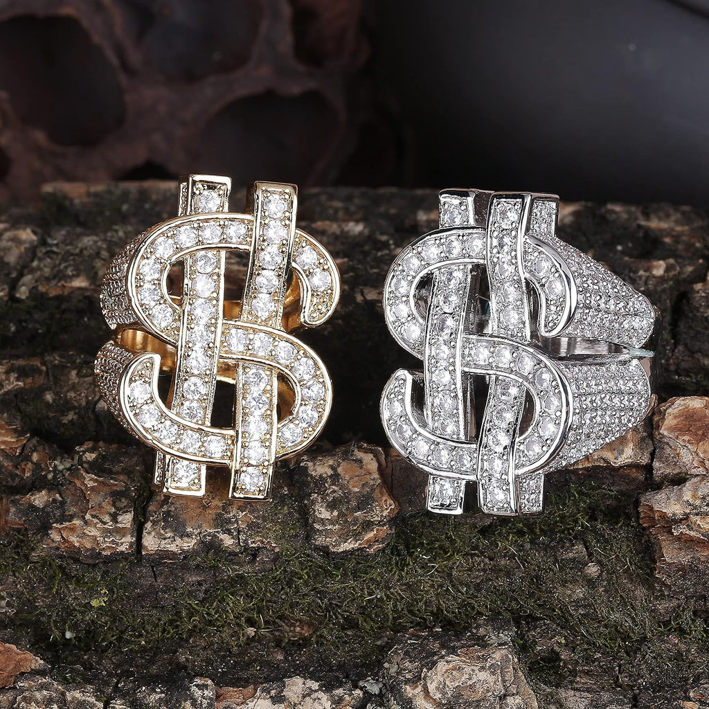 YOSZO Hip Hop Big US Dollar Sign Rings 18K Gold Plated Iced Out Cubic Zirconia Bling Pinky Ring for Men