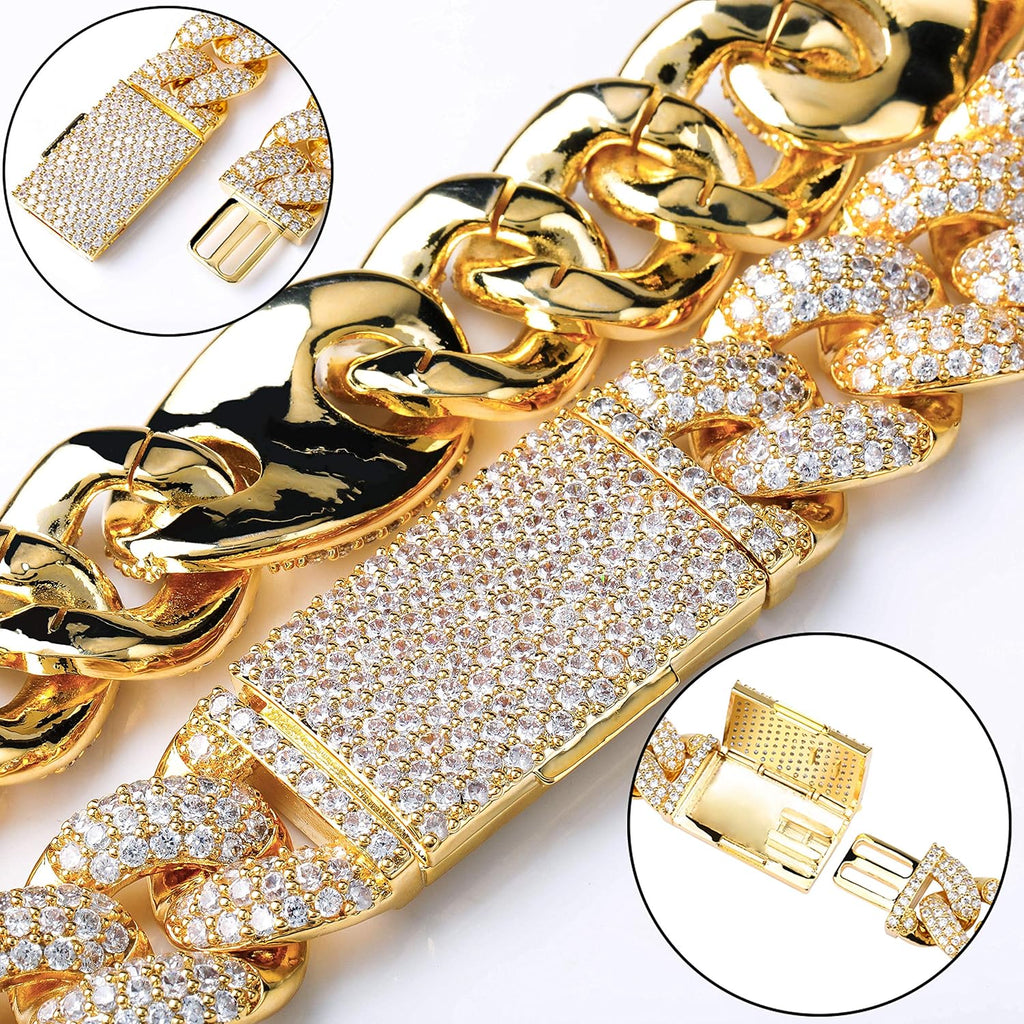 YOSZO 16mm 6 Times 14K Gold Plated Iced Out Prong Setting Cubic Zirconia Miami Cuban Link Bracelet for Men with Box Clasp Hip Hop