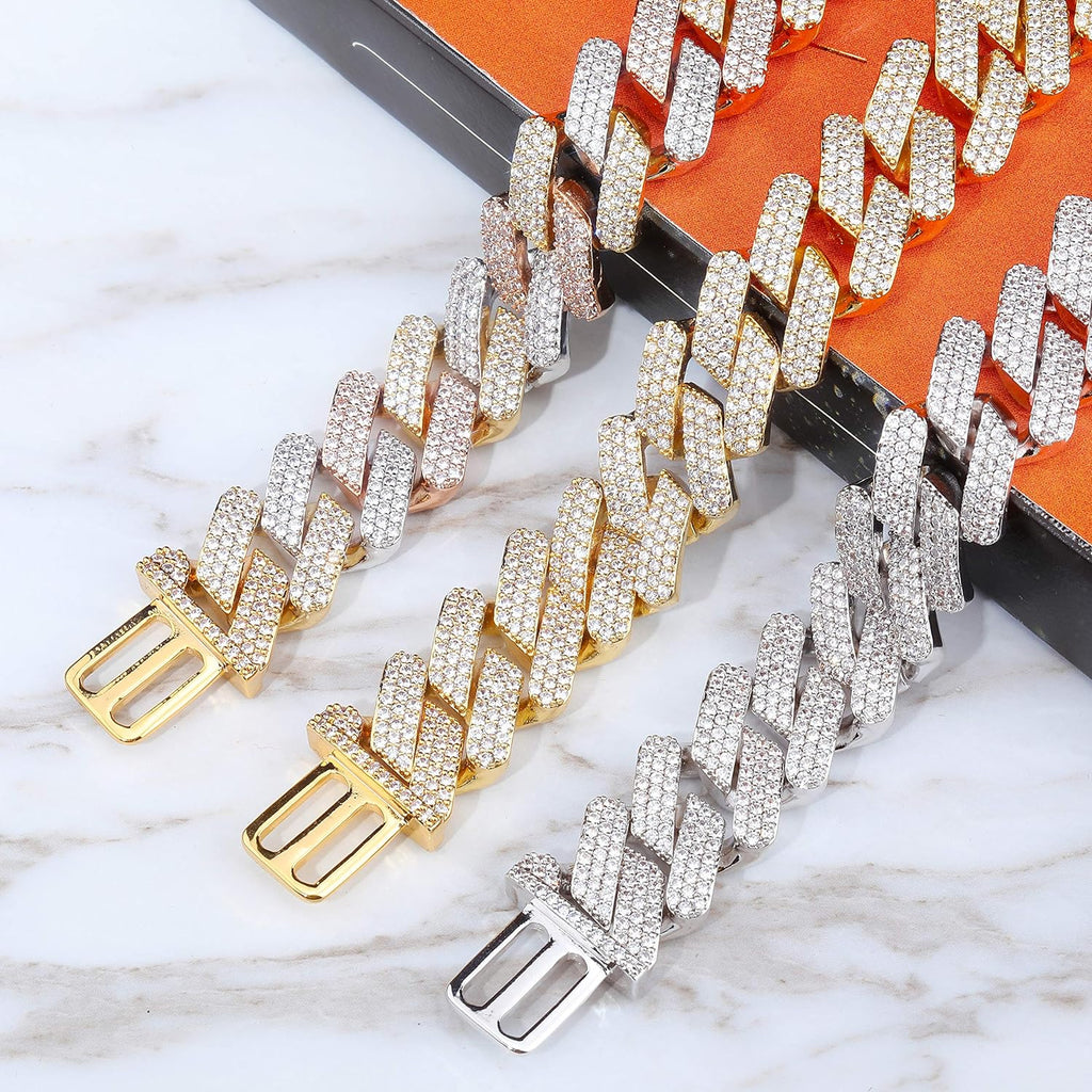 YOSZO 20mm 6 Times 14K Gold Plated Full Iced Out Prong Setting Cubic Zirconia Box Clasp Miami Cuban Link Bracelet for Men Hip Hop