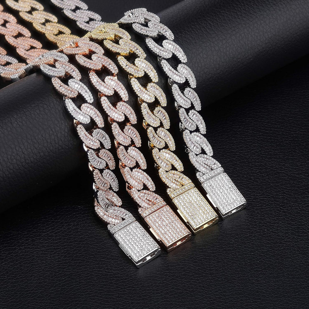 YOSZO 14mm Iced out 6 Times 14K Gold Filled Custom Baguette Diamond Miami Cuban Link Chain Choker for Men with Box Clasp