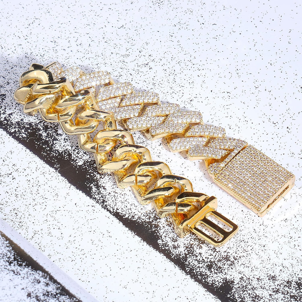 YOSZO 20mm 6 Times 14K Gold Plated Full Iced Out Prong Setting Cubic Zirconia Box Clasp Miami Cuban Link Bracelet for Men Hip Hop