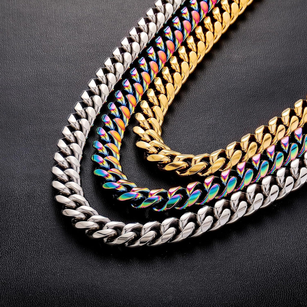 YOSZO Colorful Cuban Link Necklace 10,14mm Stainless Steel Solid Rainbow Gold Silver Hip Hop Miami Cuban Chunky Thick Chain Necklace For Men Women