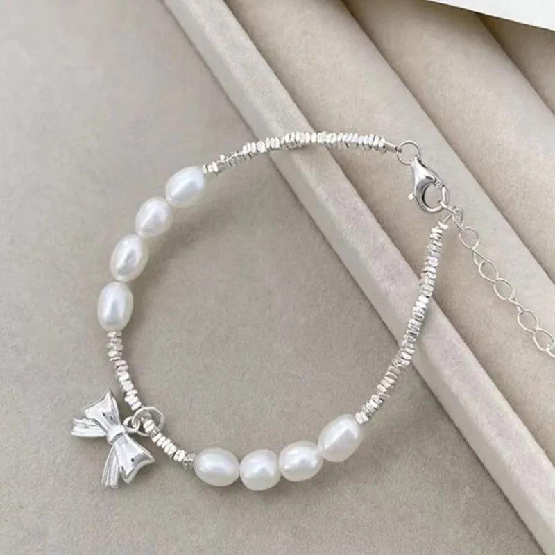 Silver Color Irregular Square Beads Chain Bow knot Pearl Heart Bracelet for Women Fashion Jewelry Gift Wholesale