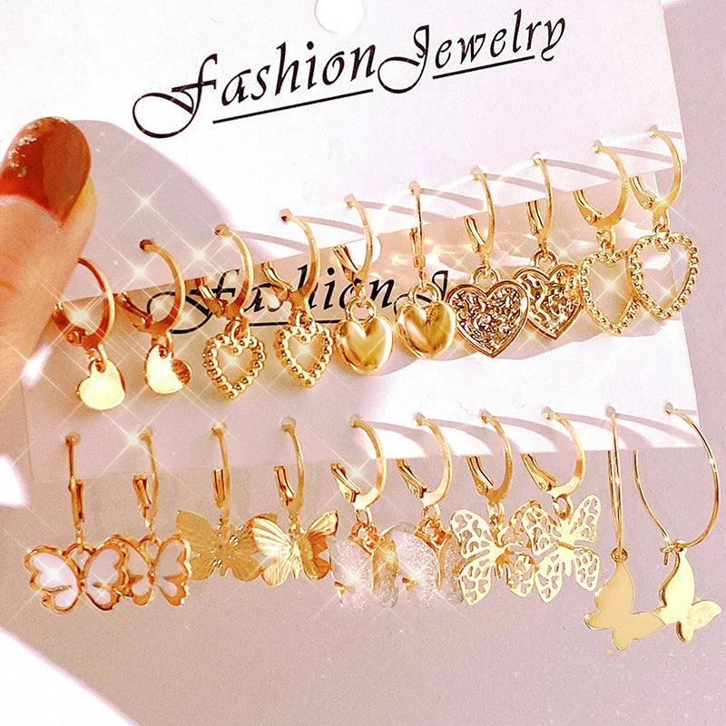 Boho Butterfly Earrings Set For Women Metal Gold Color Hollow Heart Dangle Earrings Girls Party Trendy Jewelry Gifts