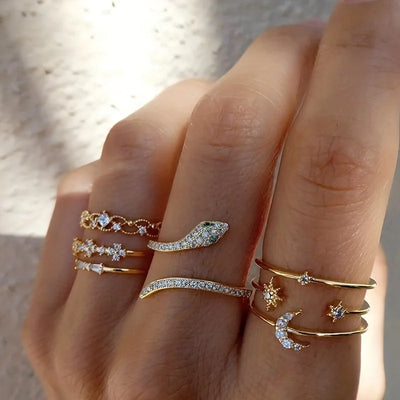 Boho Gold Color Snake Rings For Women Girls Vintage Zircon Heart Star Moon Ring Set Personality Open Rings Jewelry Party Gifts