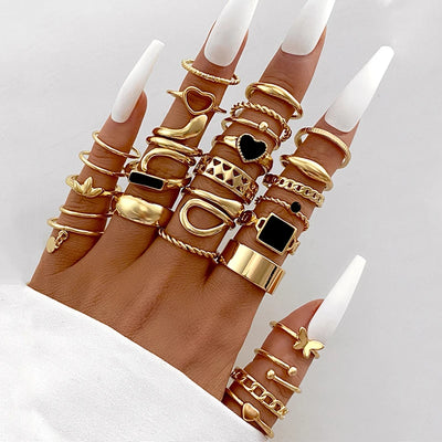 Boho Gold Color Snake Rings Set For Women Vintage Geometric Cross Heart Butterfly Rings Female Finger Rings Trendy Jewelry Gifts