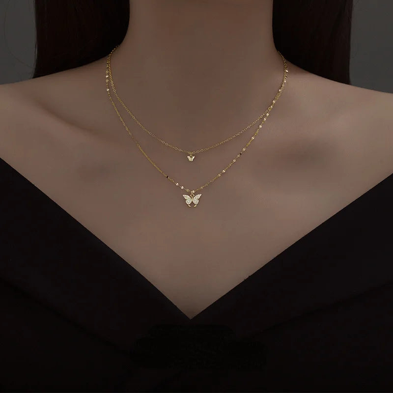 European and American Fashion New Double Butterfly Layer Clavicle Chain Wholesale Women And Jewelry Anuet Party GIfts