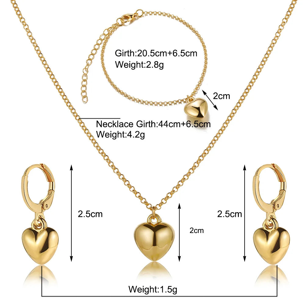 Exquisite Heart Earrings Necklace Women's Bracelet Fashion Simple Romantic Pendant Gold Color Jewelry Set