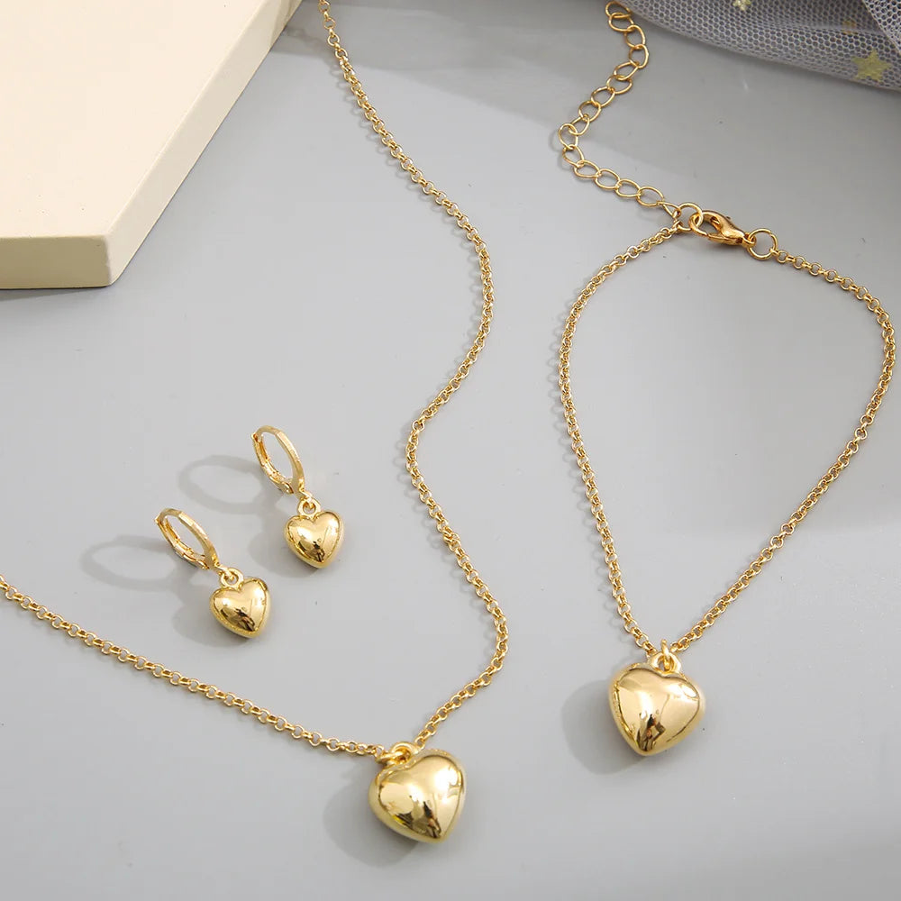 Exquisite Heart Earrings Necklace Women's Bracelet Fashion Simple Romantic Pendant Gold Color Jewelry Set