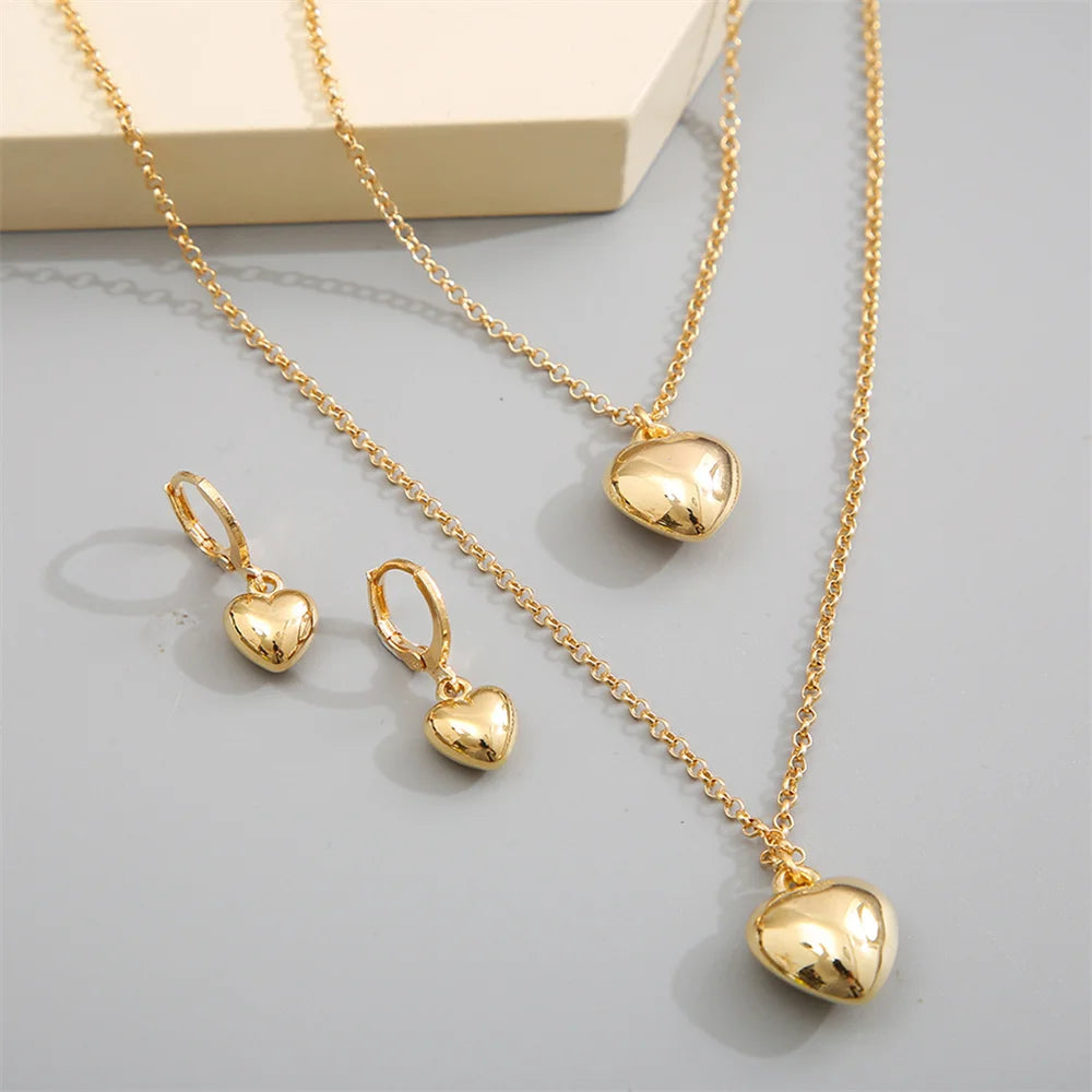 Exquisite Heart Earrings Necklace Women's Bracelet Fashion Simple Romantic Pendant Gold Color Jewelry Set