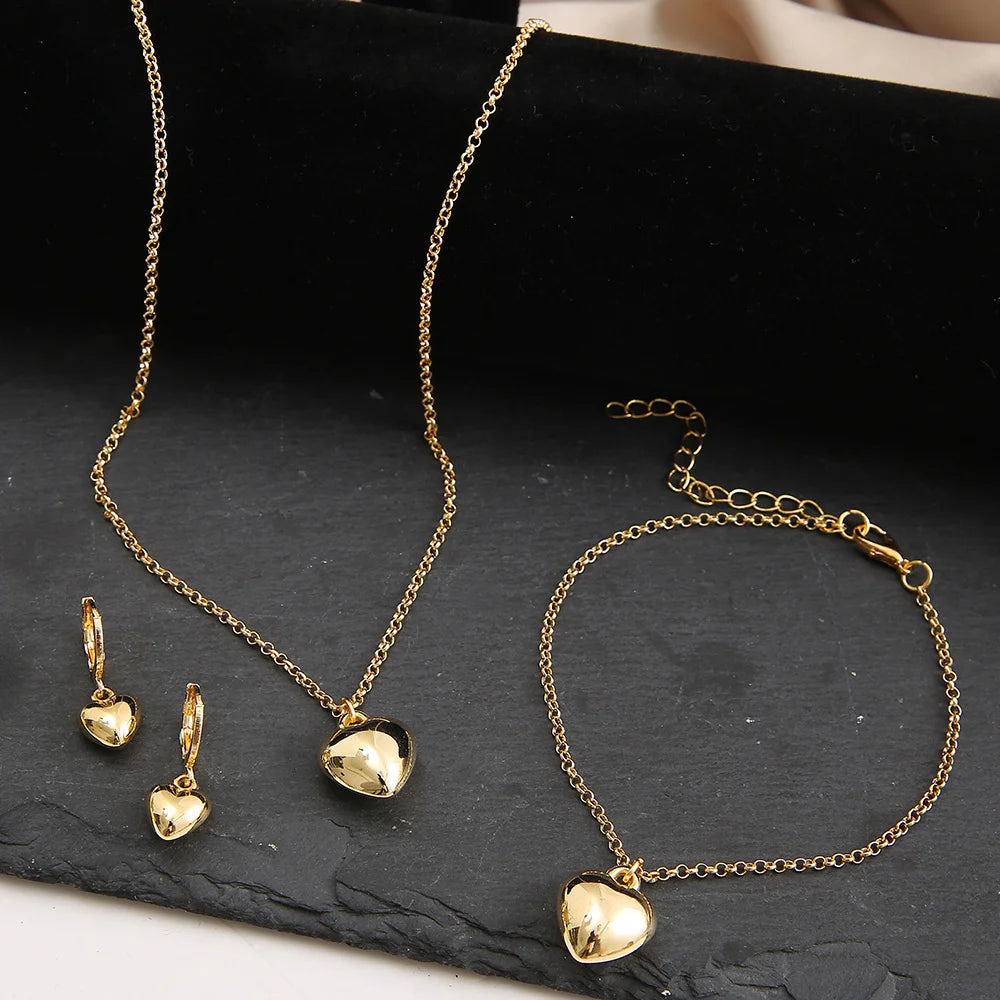 Exquisite Heart Earrings Necklace Women's Bracelet Fashion Simple Romantic Pendant Gold Color Jewelry Set