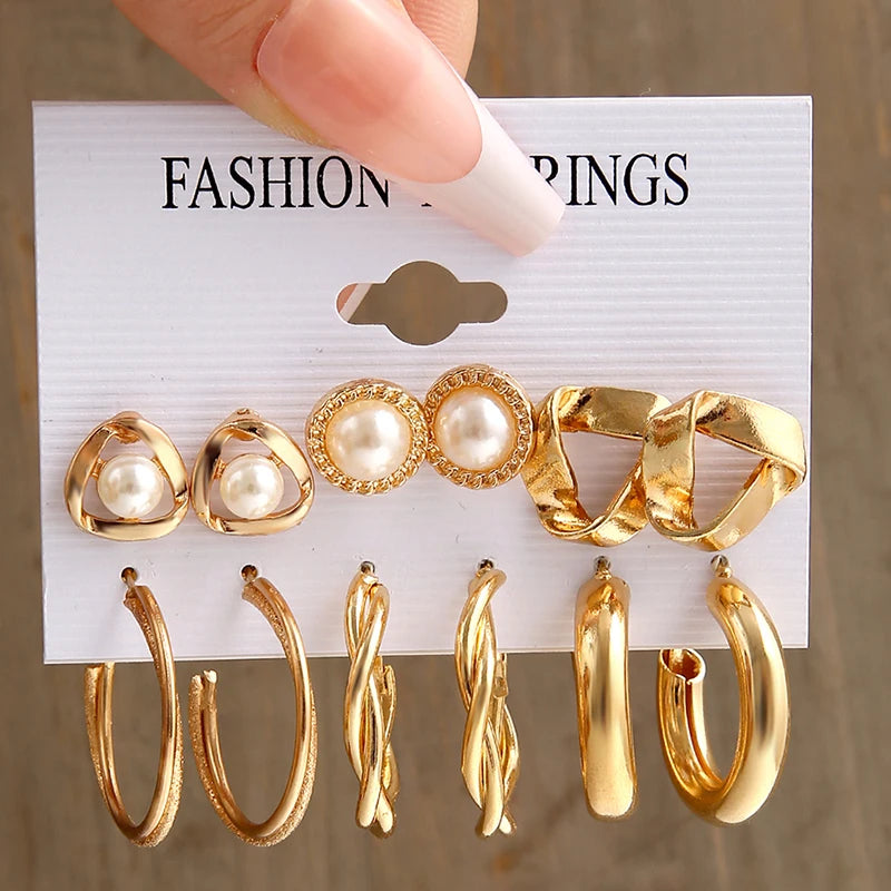Fashion Geometry Women's Earring Set Metal Gold Color Exaggerated Long Tassels Big Circle Pearl Dangle Earring Party Jewelry