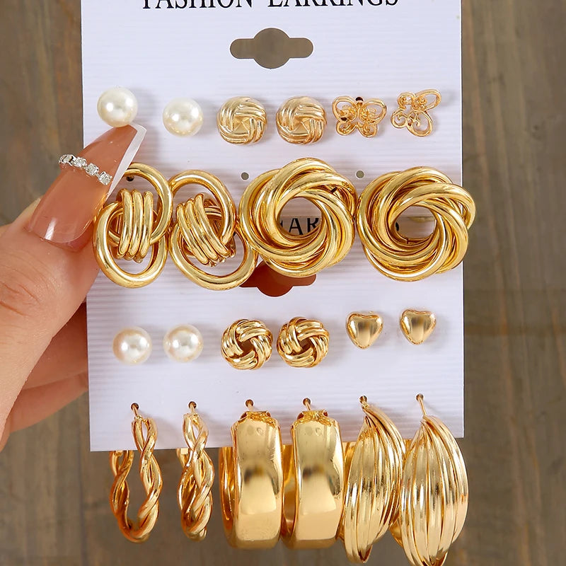 Fashion Geometry Women's Earring Set Metal Gold Color Exaggerated Long Tassels Big Circle Pearl Dangle Earring Party Jewelry
