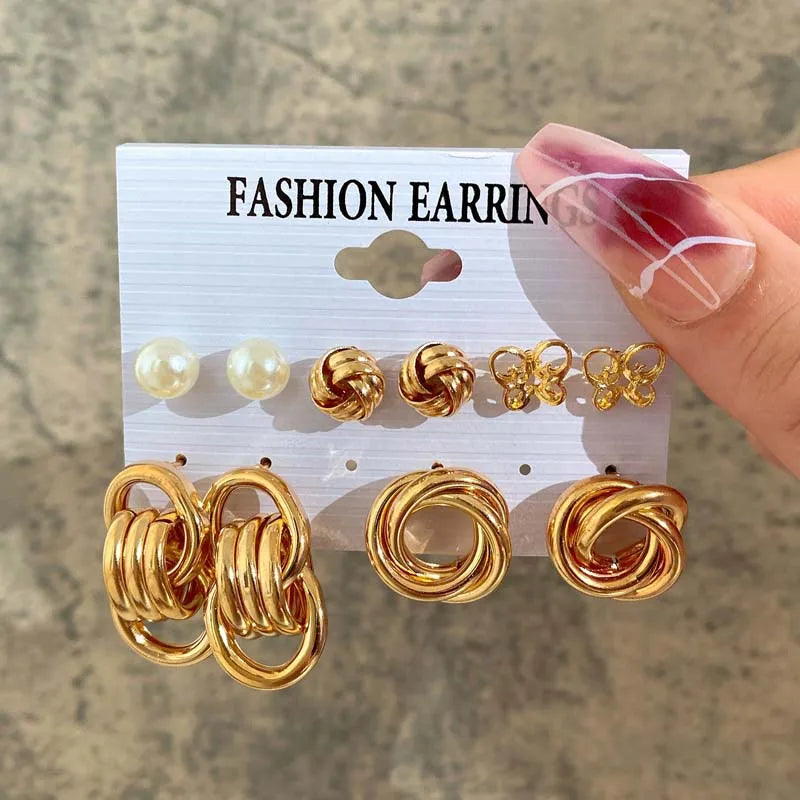 Fashion Metal Gold Color Circle Pearl Earring Set for Women Creative Personality Heart Butterfly Stud Earrings Party Jewelry Set