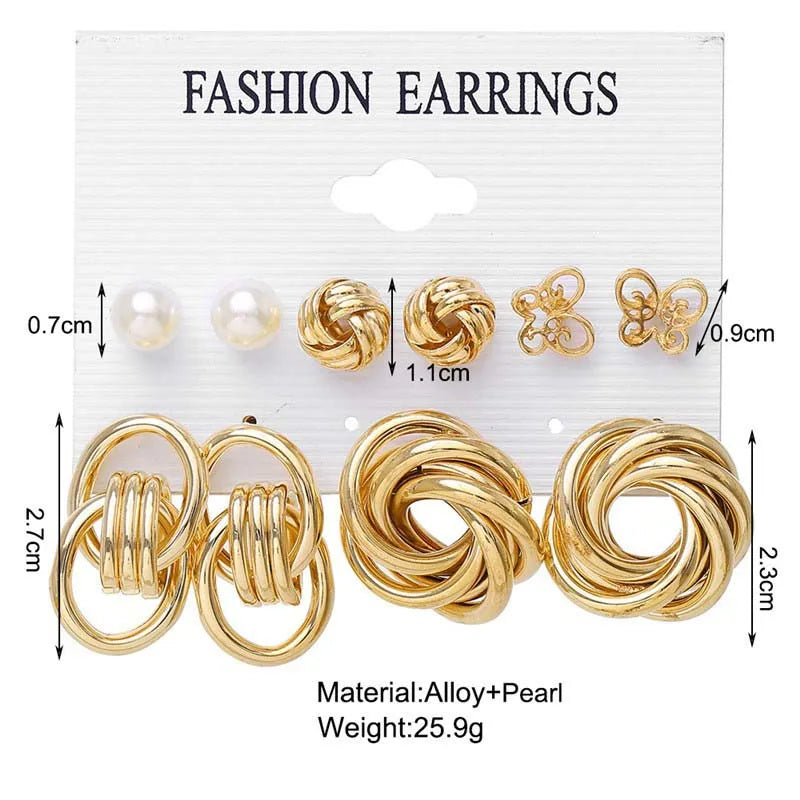 Fashion Metal Gold Color Circle Pearl Earring Set for Women Creative Personality Heart Butterfly Stud Earrings Party Jewelry Set