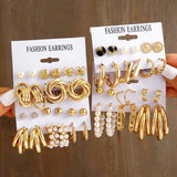 Fashion Metal Gold Color Circle Pearl Earring Set for Women Creative Personality Heart Butterfly Stud Earrings Party Jewelry Set