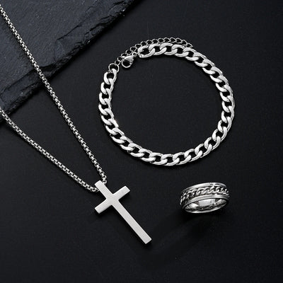 Fashion Punk Black Color Cross Pendant Necklace Bracelet Ring Set for Men Boys Hip Hop Stainless Steel Jewelry Set Party Gifts