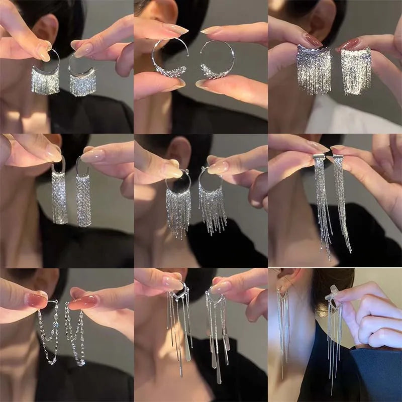 Fashion Sliver Color Long Chain Bling Tassel Earring for Women Exquisite C-Shaped Statement Pendant Earring Wedding Jewelry Gift