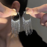 Fashion Sliver Color Long Chain Bling Tassel Earring for Women Exquisite C-Shaped Statement Pendant Earring Wedding Jewelry Gift