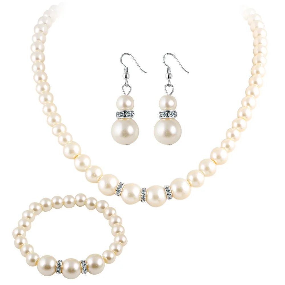 Fashion Woman Bride Wedding Pearl Jewelry Set for Women Rhinestone Faux Pearl Necklace Bracelet Earring Wedding Party Jewelry