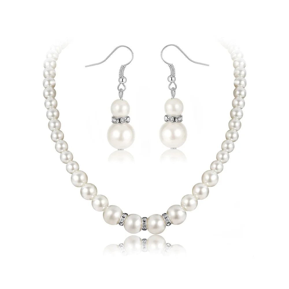 Fashion Woman Bride Wedding Pearl Jewelry Set for Women Rhinestone Faux Pearl Necklace Bracelet Earring Wedding Party Jewelry