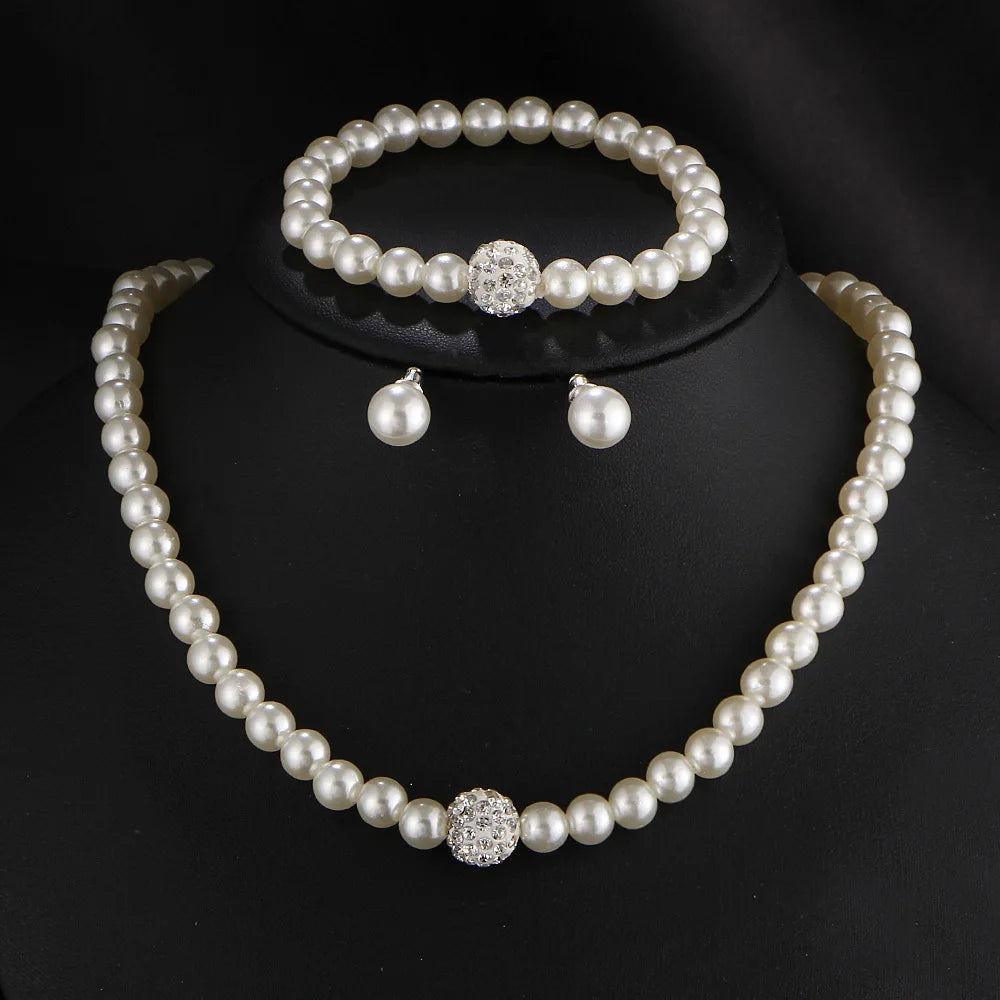 Fashion Woman Bride Wedding Pearl Jewelry Set for Women Rhinestone Faux Pearl Necklace Bracelet Earring Wedding Party Jewelry
