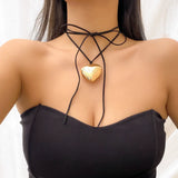 Gold Color Big Love Heart Pendant Choker Necklace For Women Girls Elegant Bowknot Adjustable Chain Sweet Cool Party Jewelry