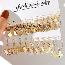 Load image into Gallery viewer, Gold Color Butterfly Love Hoop Earrings Set New Creative Simple Heart Hollow Dangle Earring for Women Fashion Trendy Jewelry