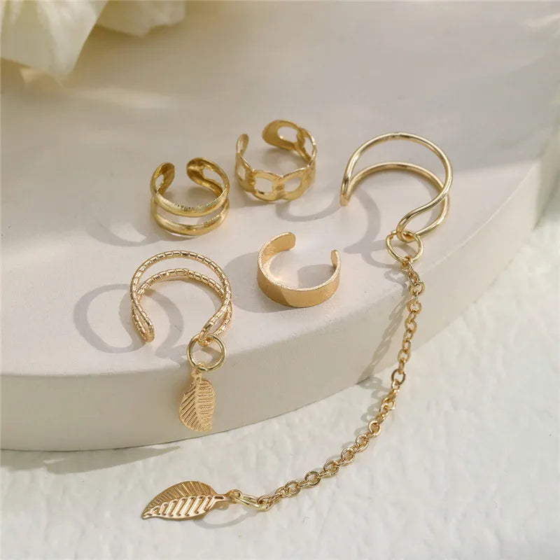Gold Color Leaves Clip Earrings for Women Creative Simple C Butterfly Ear Cuff Non-Piercing Ear Clips Set Trendy Jewelry