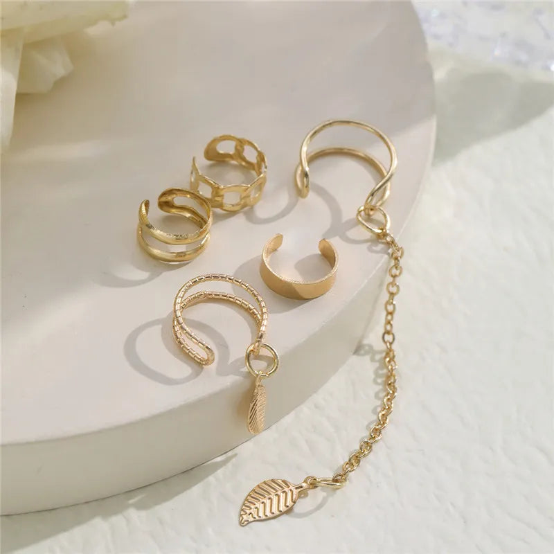 Gold Color Leaves Clip Earrings for Women Creative Simple C Butterfly Ear Cuff Non-Piercing Ear Clips Set Trendy Jewelry