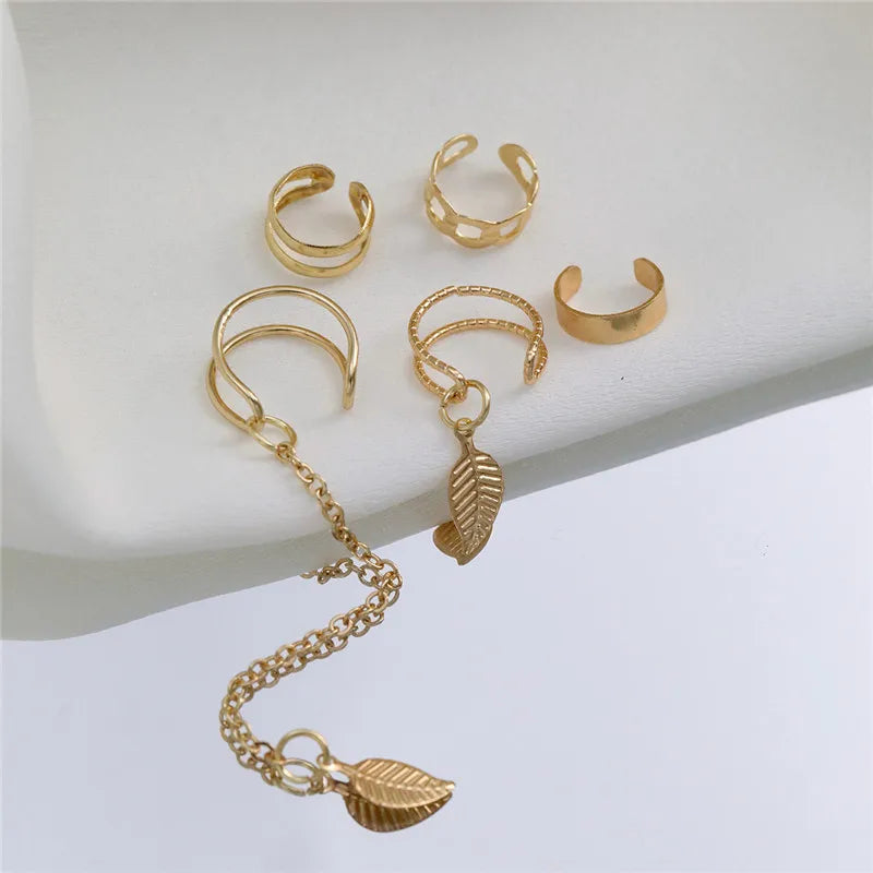 Gold Color Leaves Clip Earrings for Women Creative Simple C Butterfly Ear Cuff Non-Piercing Ear Clips Set Trendy Jewelry