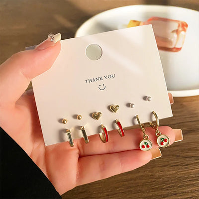 Gold Color Metal Pearl Chain Love Heart Earring Irregular Geometric Cherry Hoop Earrings for Women Gifts Jewelry 6pcs Set