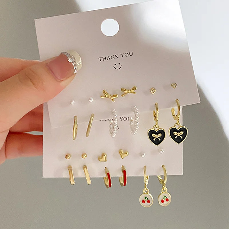 Gold Color Metal Pearl Chain Love Heart Earring Irregular Geometric Cherry Hoop Earrings for Women Gifts Jewelry 6pcs Set