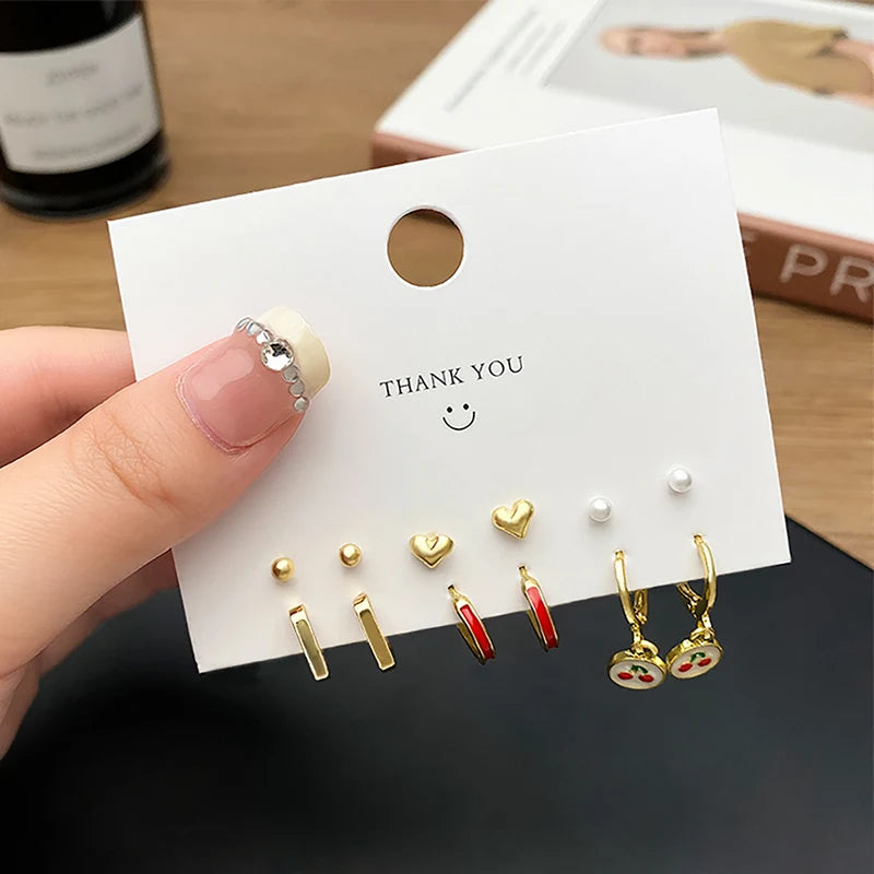 Gold Color Metal Pearl Chain Love Heart Earring Irregular Geometric Cherry Hoop Earrings for Women Gifts Jewelry 6pcs Set