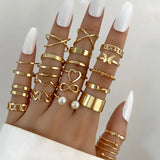 Gold Plated Rings Set Vintage Geometric Rings for Women Fashion Heart Pearl Butterfly Ring Hollow Out Jewelry Trendy Kpop Gift