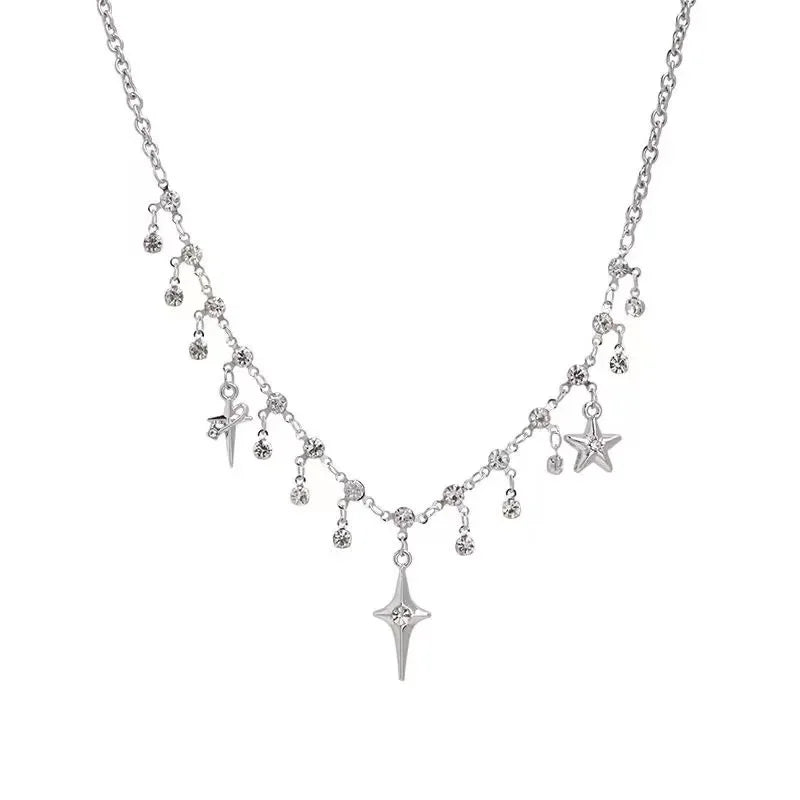 Crystal Cross Star Tassel Pendant Necklace For Women Fashion Aesthetic Charm Aesthetic Jewelry Accessories
