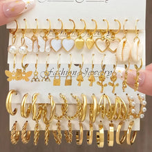 Load image into Gallery viewer, Heart Pearl Dangle Earrings Set Metal Gold Color Butterfly Locks Earrings for Women Shell Trendy Jewelry Hoop Earrings
