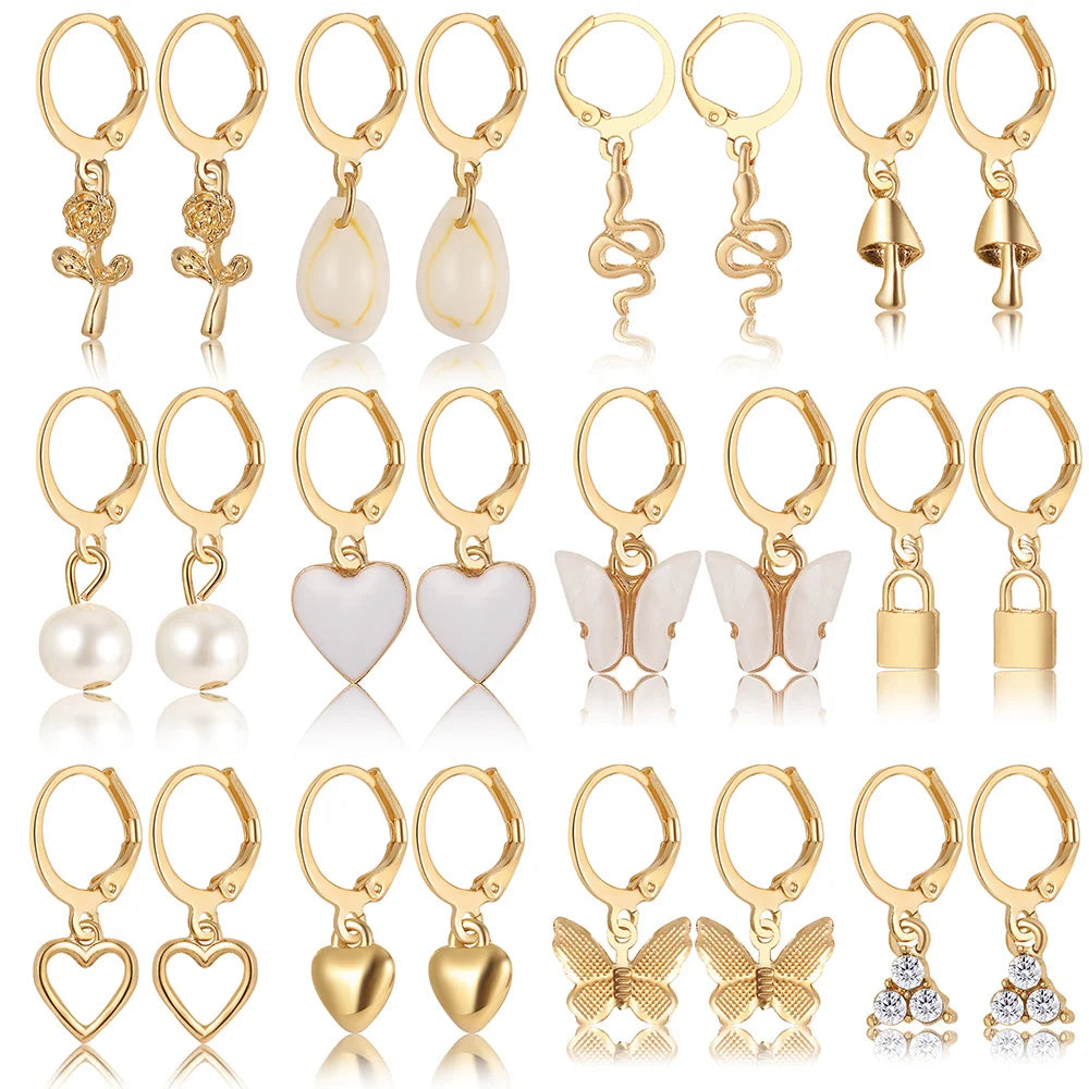 Heart Pearl Dangle Earrings Set Metal Gold Color Butterfly Locks Earrings for Women Shell Trendy Jewelry Hoop Earrings