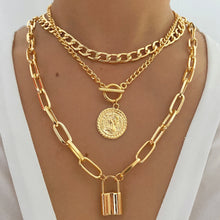 Charger l&#39;image dans la galerie, Punk Golden Metal Exaggerated Necklace for Women Cuban Chain Lock Coin Pendant Women&#39;s Necklaces Set Fashion Jewelry Gift